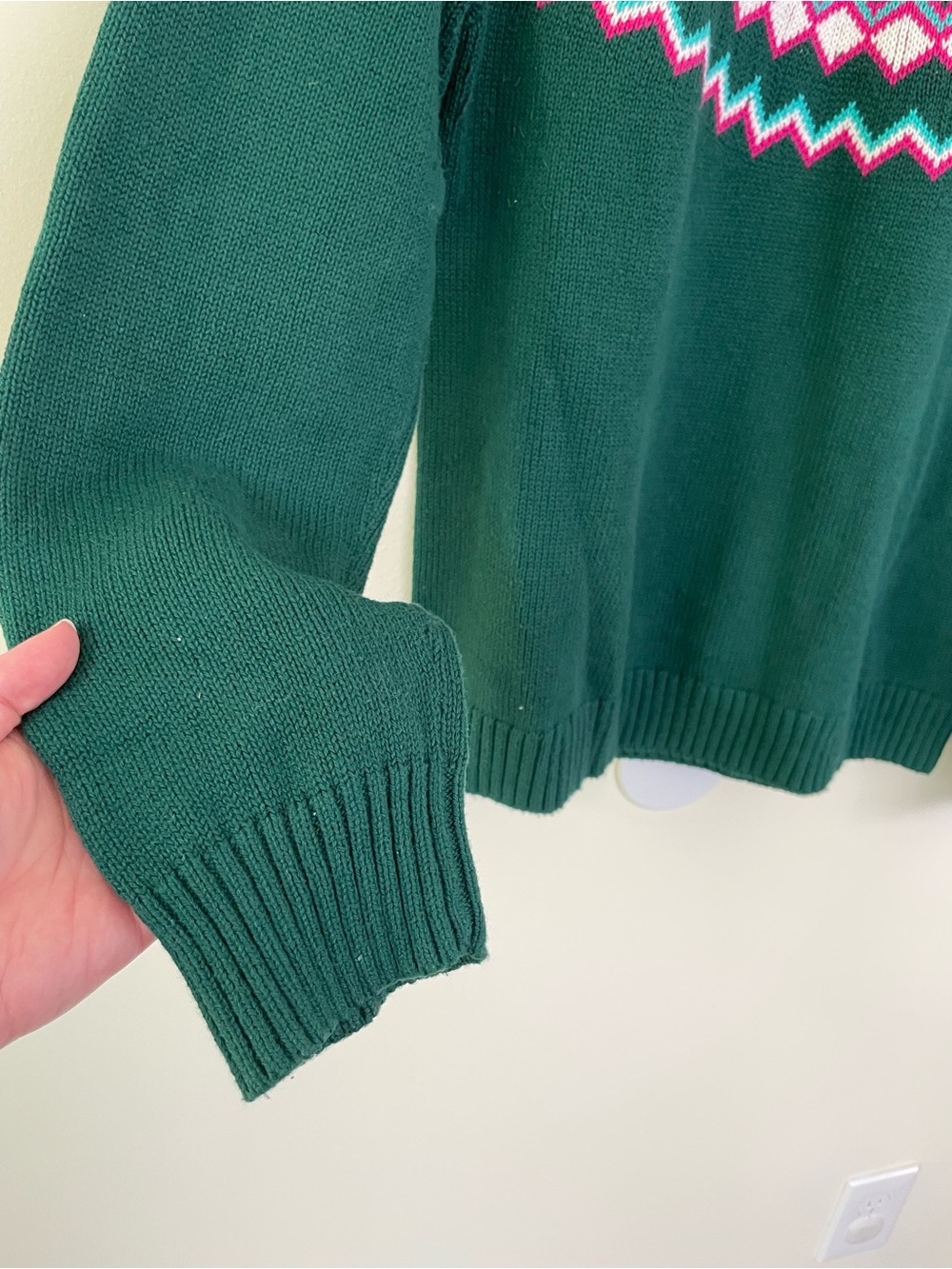 J. Crew Fair Isle Mock Neck Long Sleeve Sweater M Medium Green Pink Cotton - Picture 5 of 9
